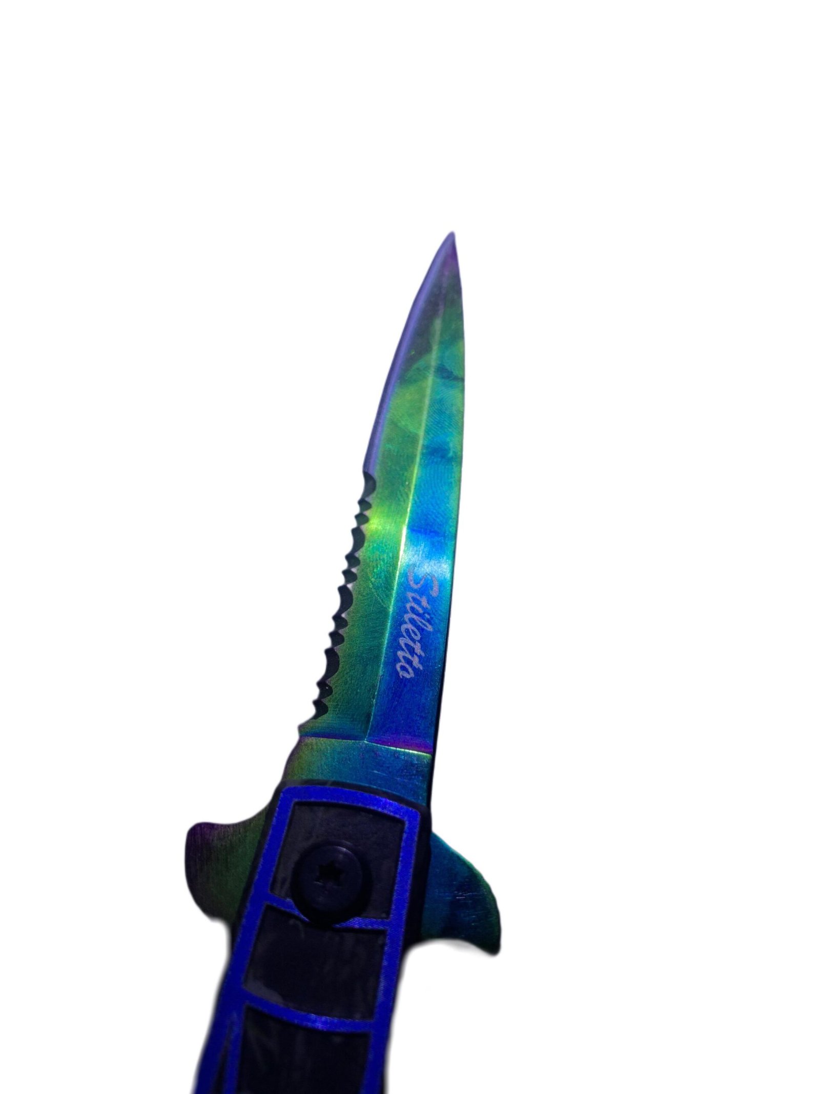 Spider Web Folding Knife – Rainbow Blade with Blue Grip - Image 2